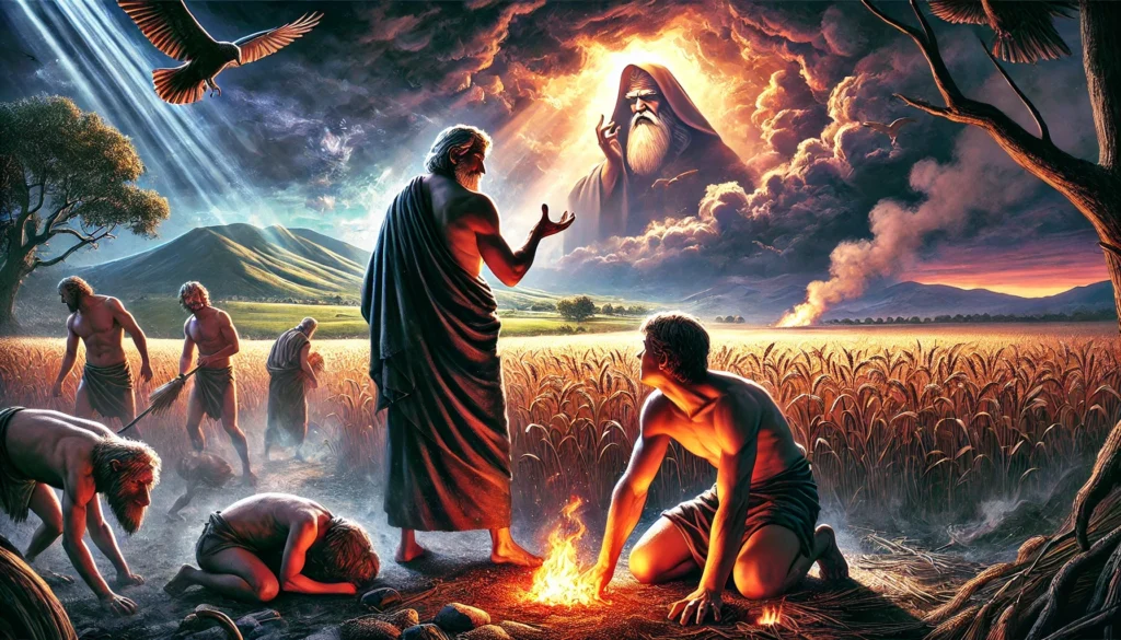 A vivid artistic depiction of Genesis 4, showing Cain and Abel in the field. Abel kneels beside his offering, a lamb, with smoke rising, symbolizing God's acceptance. Nearby, Cain stands with his offering of crops, overshadowed by anger and jealousy. The moment of tension is highlighted as Cain confronts Abel. The background features a dramatic sky, symbolizing the impending tragedy and God’s watchful presence.