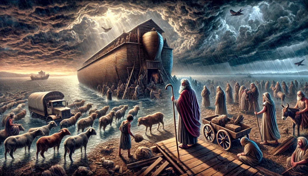 A vivid depiction of Genesis 6, showing the pre-flood world filled with human corruption and violence. Noah is seen constructing the ark under God’s guidance, surrounded by tools and timber. The scene contrasts the darkness of human sin with a divine light symbolizing God’s covenant and Noah’s righteousness. Animals approach the ark in pairs, hinting at the preservation of life.