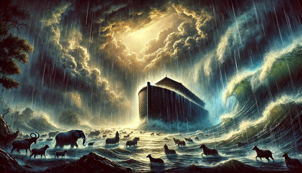 An evocative illustration of Genesis 7, showing the fully constructed ark afloat amidst rising floodwaters. Dark clouds and torrential rain symbolize God’s judgment, while pairs of animals are seen safely aboard the ark. Noah and his family stand on deck, gazing at the vast expanse of water, representing obedience and divine protection.