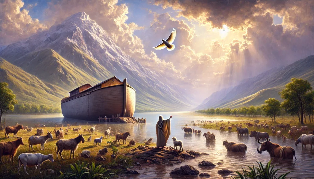 A serene portrayal of Genesis 8, showing Noah’s ark resting on Mount Ararat as floodwaters recede. A dove returns with an olive branch under a brightening sky, symbolizing hope and God’s renewal. Noah and his family emerge from the ark, offering gratitude to God amidst a landscape of new beginnings.