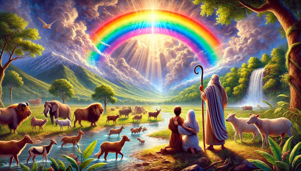 A vibrant depiction of Genesis 9, featuring Noah and his family under a rainbow, symbolizing God’s covenant. The ark rests in the background on Mount Ararat, with lush greenery surrounding the scene as animals roam freely, representing the renewal of life and God’s promise never to flood the earth again.