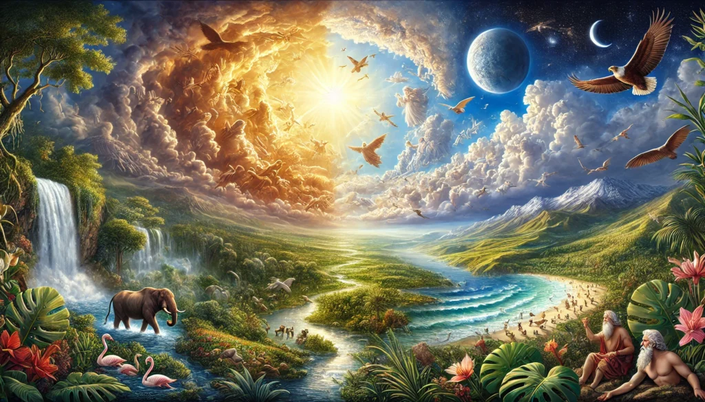 Artistic representation of God’s creation in Genesis 1, showing land, sea, and life.