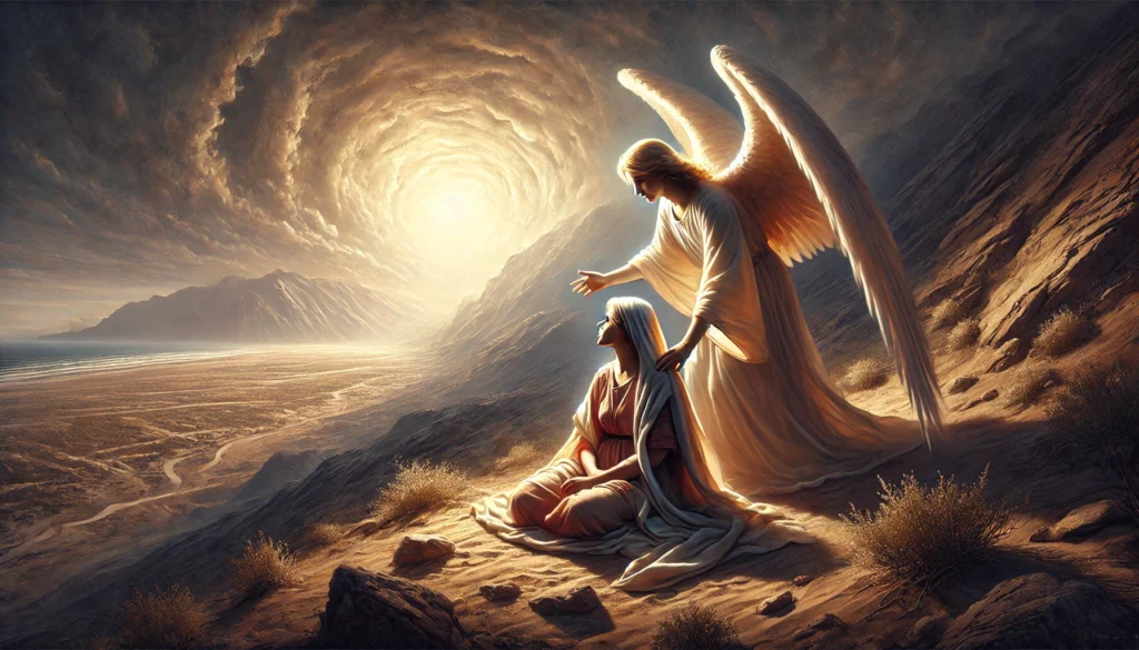 Hagar in the wilderness, comforted by the angel of the Lord, depicted in a desert landscape with a radiant light symbolizing divine guidance and hope.