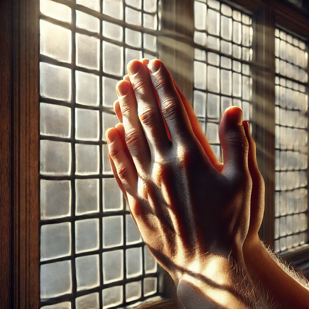 Hands clasped in prayer with sunlight streaming through a window, showing how to pray with gratitude and faith.