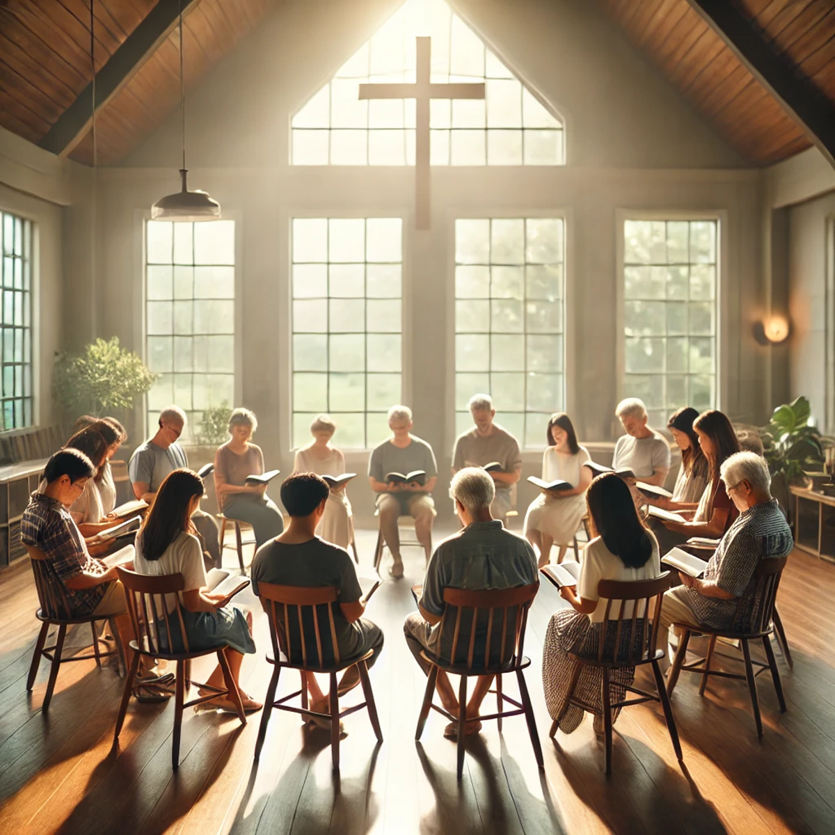 A group of people seated in a well-lit hall, engaging in a Bible study session, with Bibles open.