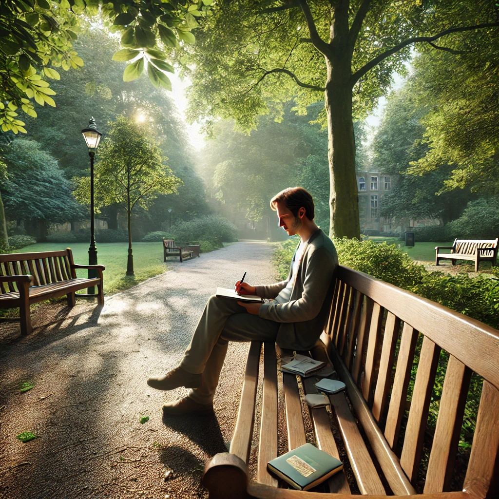 A reflective person sitting in a park with a journal, overcoming challenges of how to pray consistently