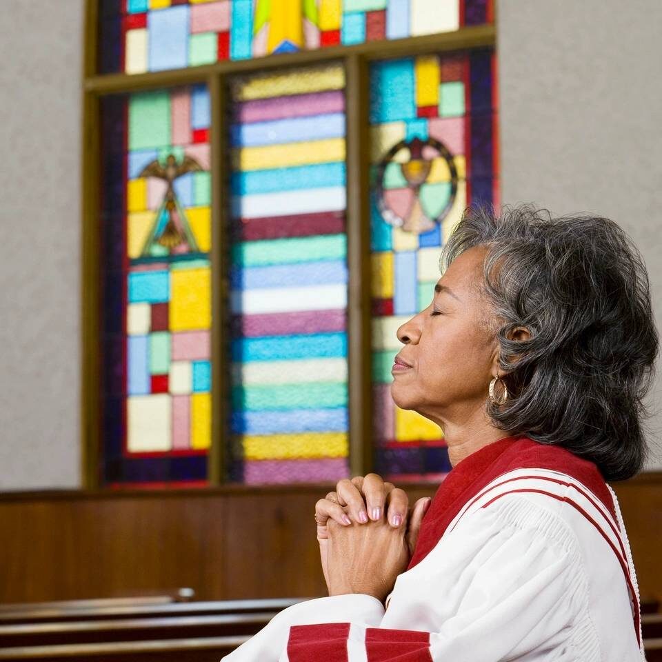 A woman praying in a church, hands clasped and eyes slightly looking upward, with a stained glass window behind her, symbolizing how to pray