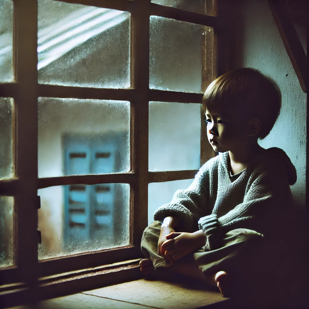  A lonely child sitting by a window, looking outside with a sad expression in a dimly lit room.