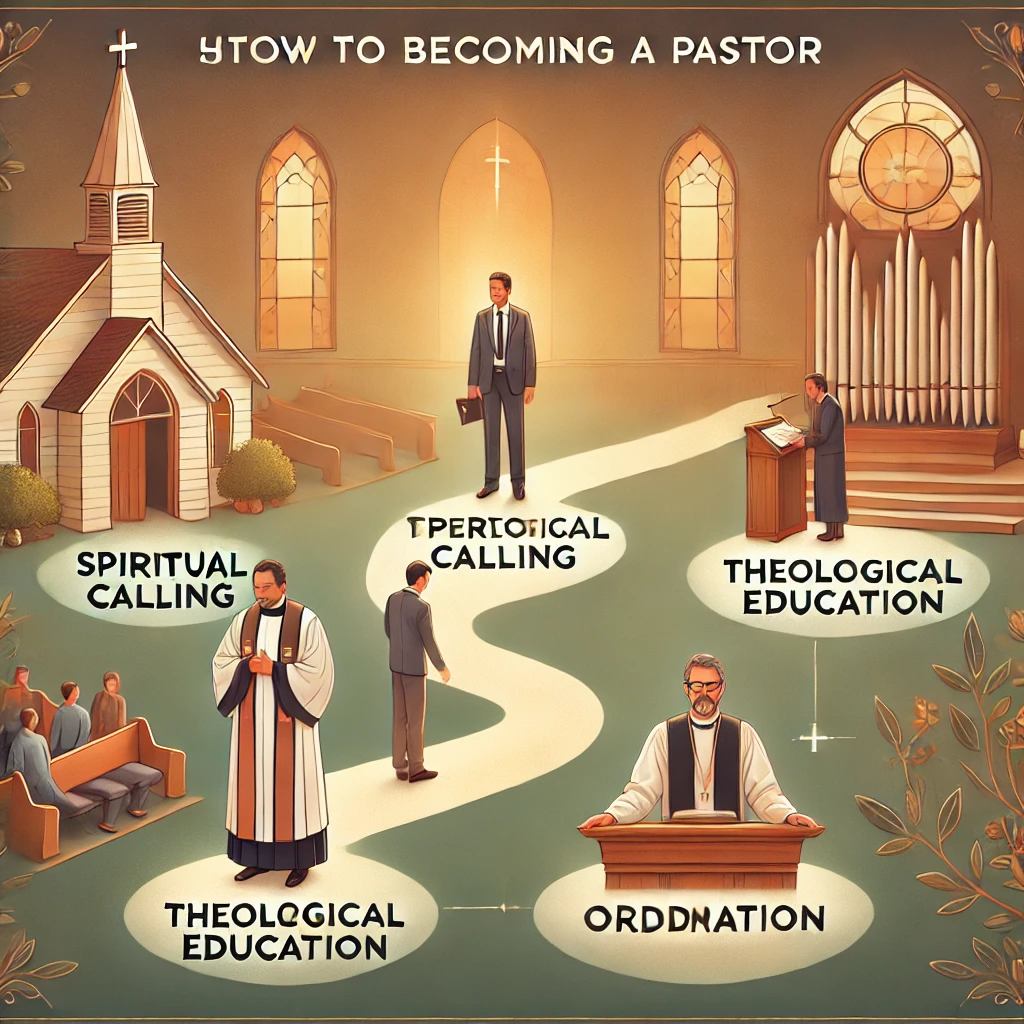 A visually engaging infographic illustrating the steps to becoming a pastor. The image features a pathway with key milestones: a person praying in a church (spiritual calling), a student studying the Bible in a seminary (theological education), a pastor being blessed by senior clergy (ordination), and a pastor preaching to a congregation and helping people (serving the community). The background includes a peaceful church setting with warm lighting.