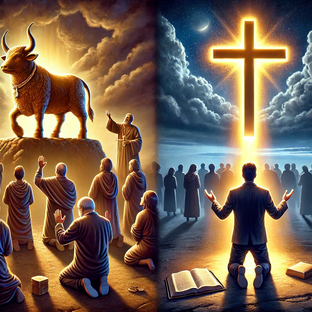 A 4K illustration showing people worshiping a golden calf in darkness, contrasted with a man kneeling in prayer before a glowing cross and open Bible, bathed in divine light.