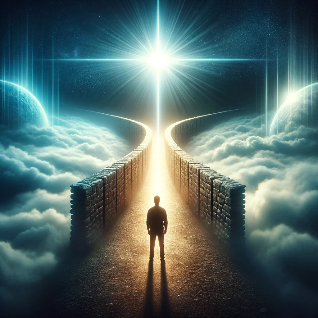 A person standing at a crossroads, choosing between a glowing path symbolizing divine wisdom and a misty path of uncertainty, with heavenly light shining down.