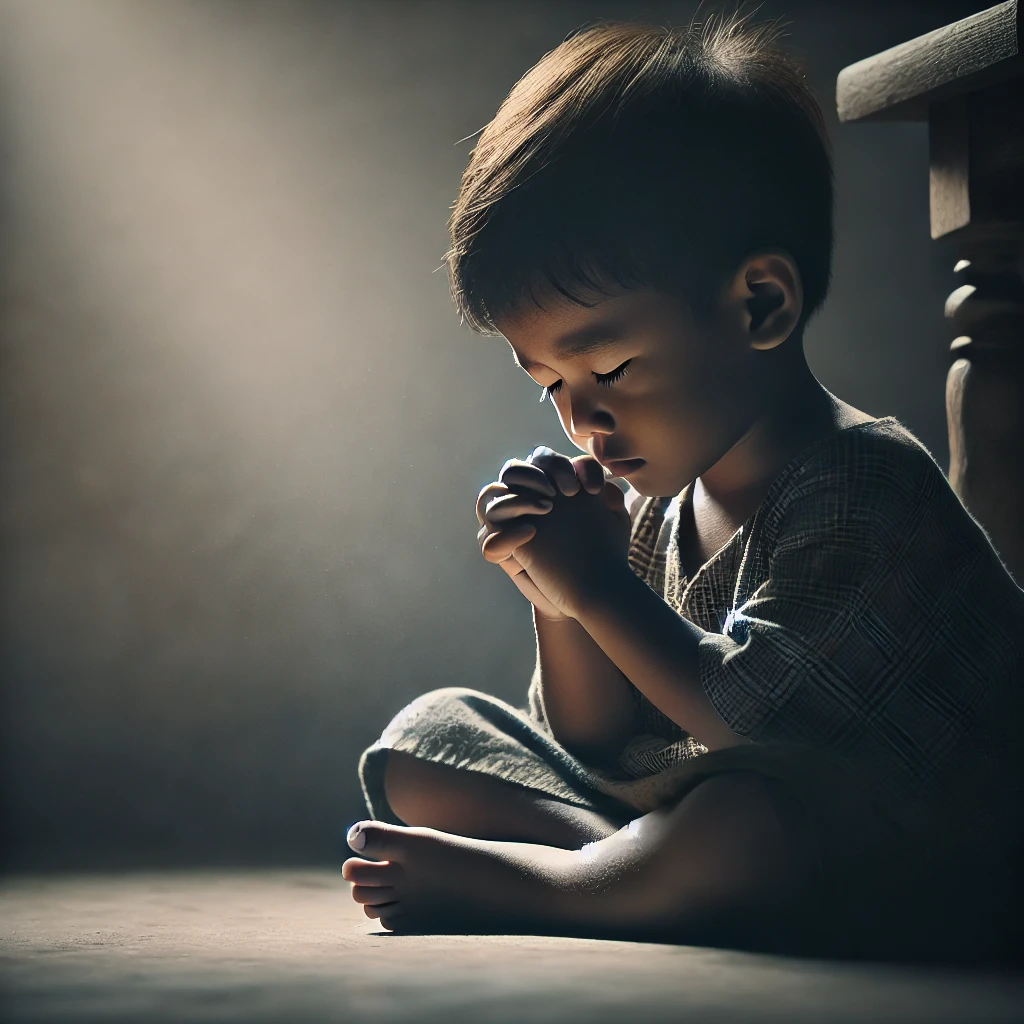  A young child kneeling in prayer with tears in their eyes, seeking comfort and hope in a dimly lit room.