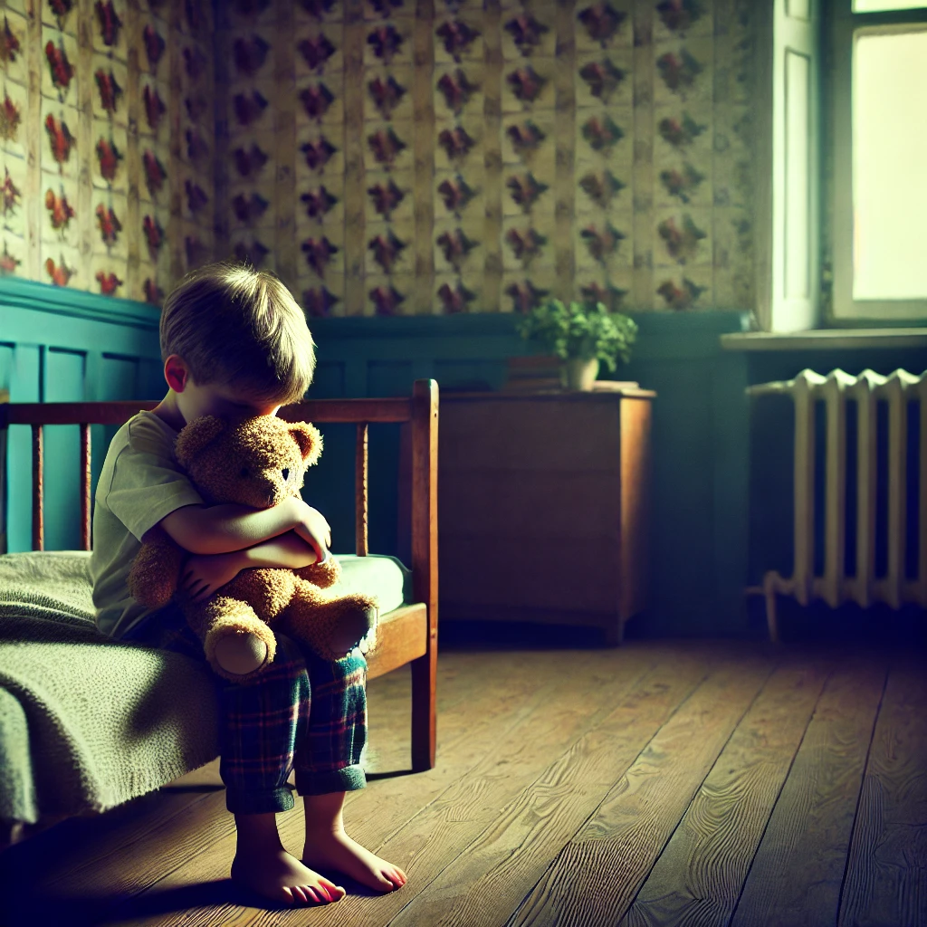  A sad child hugging a teddy bear tightly while sitting alone on a bed in a neglected home.