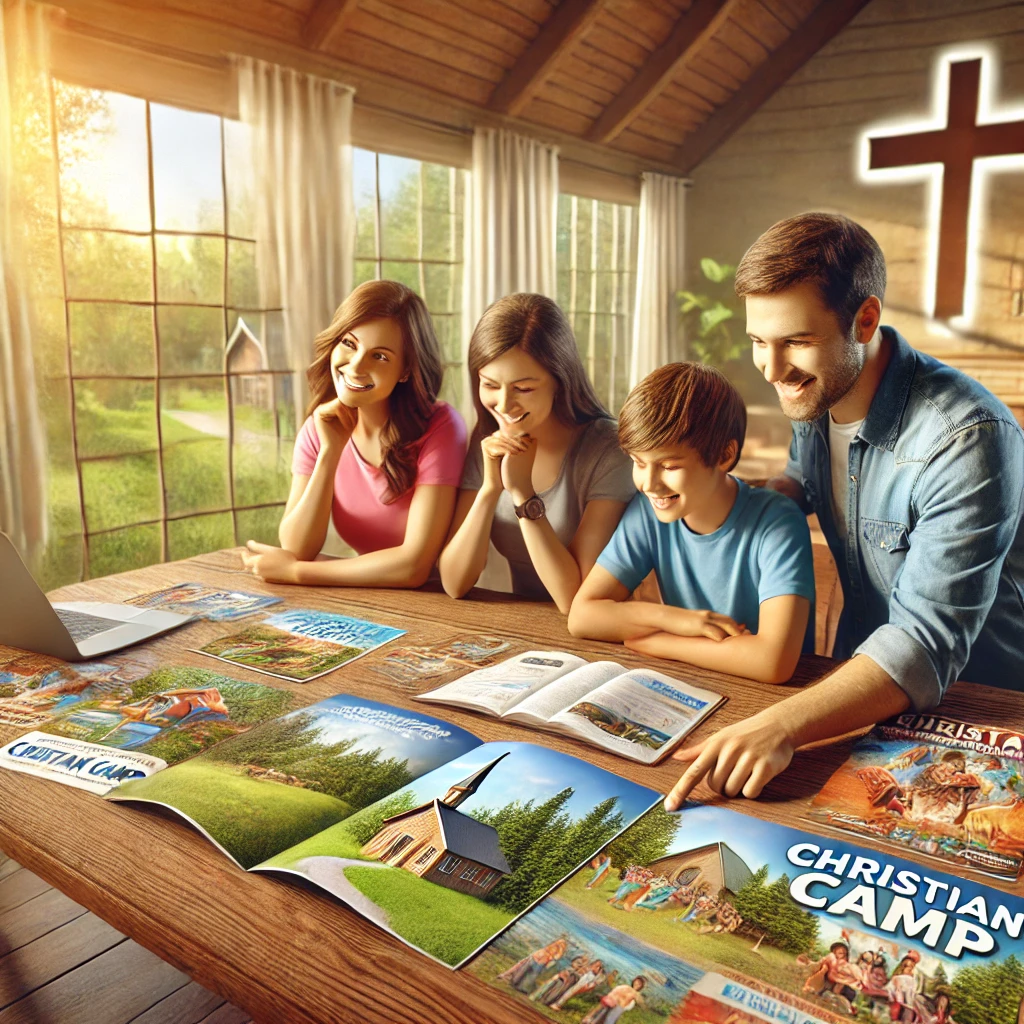 A family sitting at a wooden table, reviewing camp brochures and using a laptop to choose the right Christian camp, with a sunny outdoor view behind them.