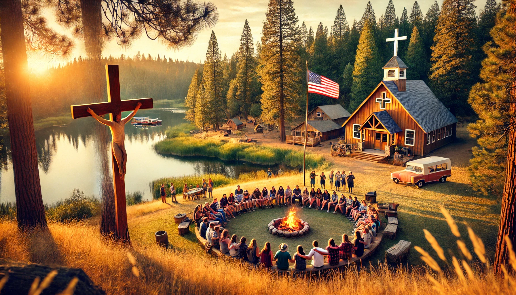 A scenic Christian camp in the USA, featuring a large wooden cross on a grassy hill overlooking a peaceful lake. The sunset casts a golden glow on the water, and a diverse group of campers—children, teens, and adults—gather around a campfire, singing hymns and praying. Rustic cabins, a chapel with a white steeple, and an American flag waving in the breeze complete the serene and faith-filled setting.