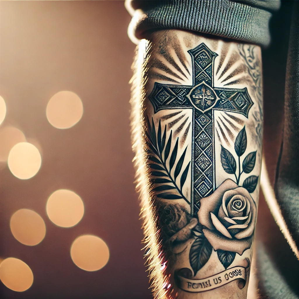  A detailed Christian tattoo on a person's arm, featuring a realistic cross intertwined with delicate roses and an elegantly inscribed scripture verse. The intricate shading and fine details make the tattoo lifelike, with soft natural light highlighting the design against a blurred background.