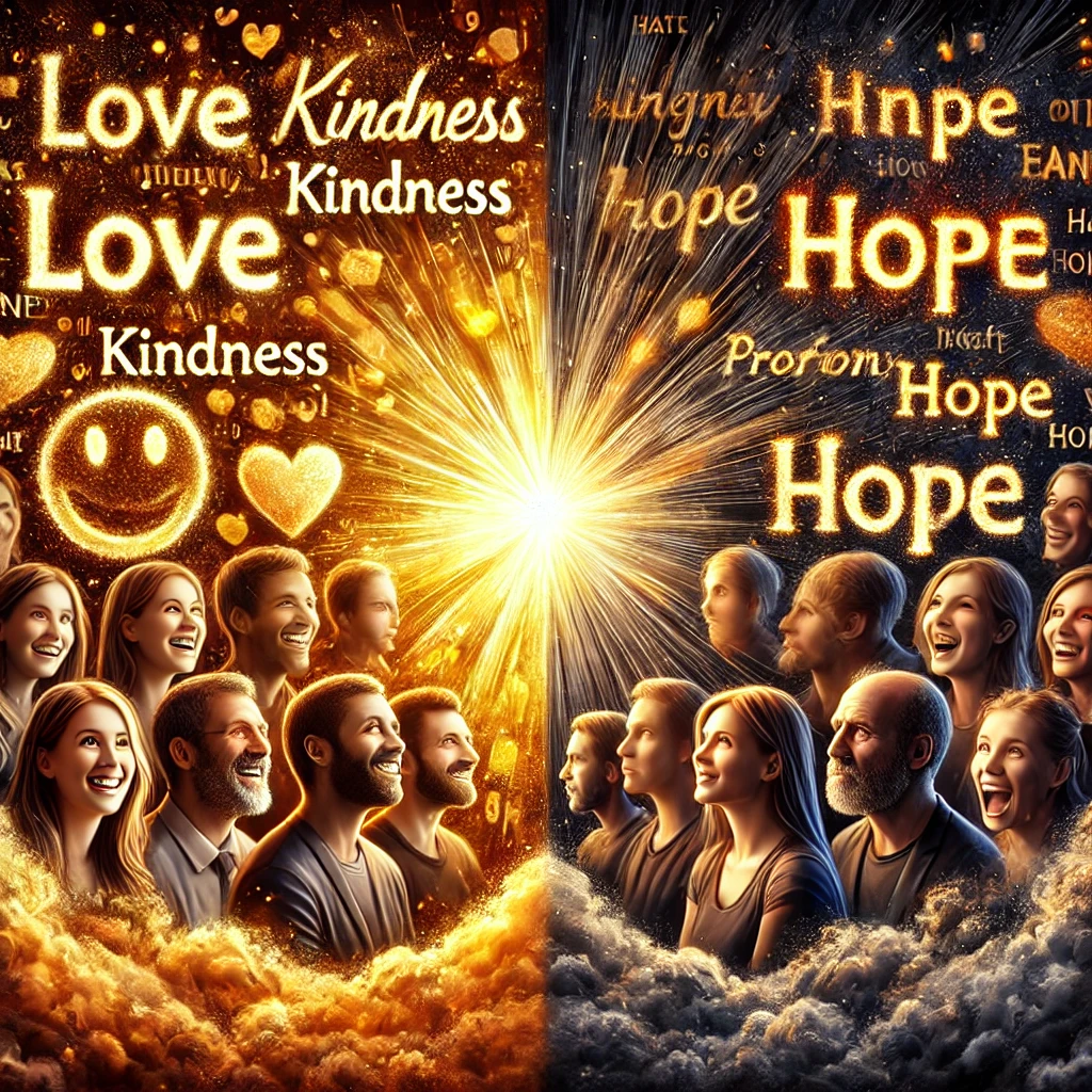 A split image showing happy people surrounded by positive words on one side and sad individuals overwhelmed by harsh words on the other.