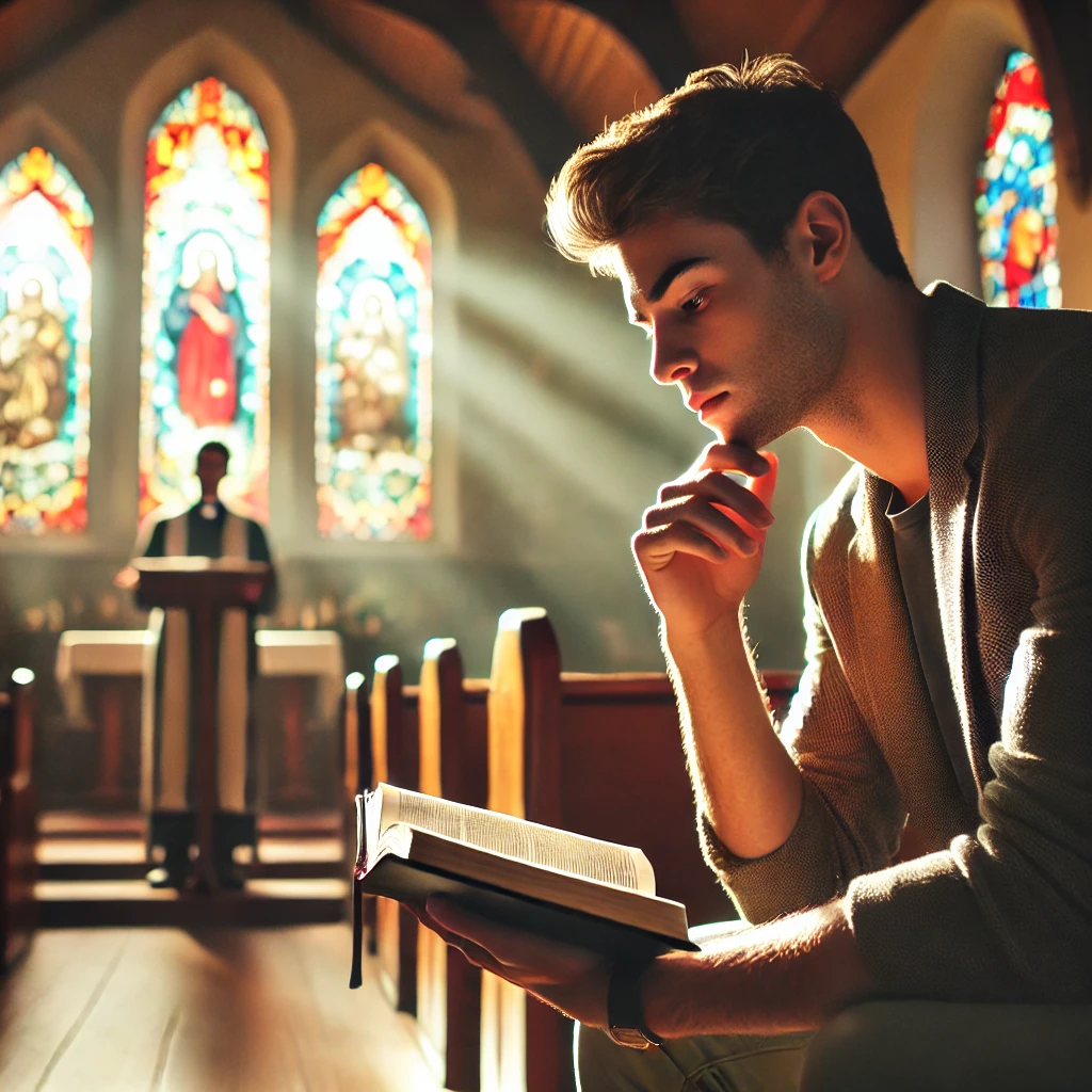 : A young man sitting in a peaceful church, reading a Bible with deep contemplation. Sunlight streams through stained glass windows, casting colorful light on wooden pews. A pastor is preaching to a small congregation in the background, creating an inspiring atmosphere.