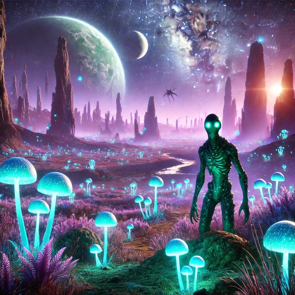 A stunning 4K image of extraterrestrial life on an alien planet, featuring bioluminescent plants, towering rock formations, and intelligent alien beings under a sky with multiple moons and distant galaxies.