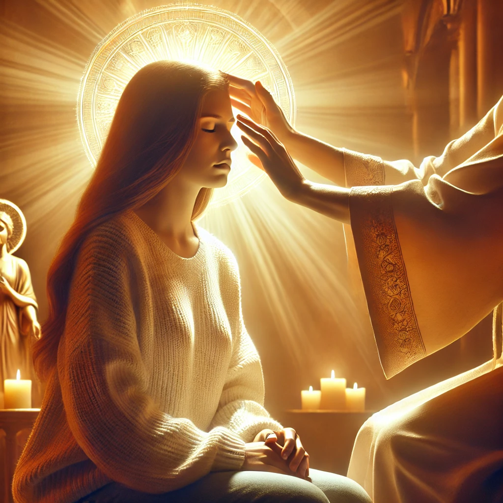 A person sitting with eyes closed, peacefully receiving faith healing as a healer places hands on their head, surrounded by a warm, golden light in a sacred, candlelit space.