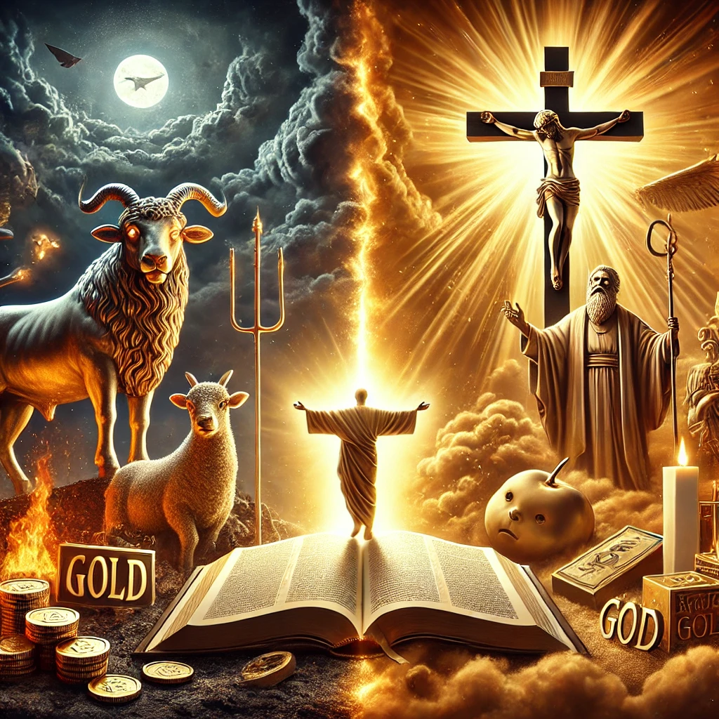 A dramatic 4K illustration depicting false idols, including a golden calf and material wealth, contrasted with God's divine presence represented by light over an open Bible and a cross.