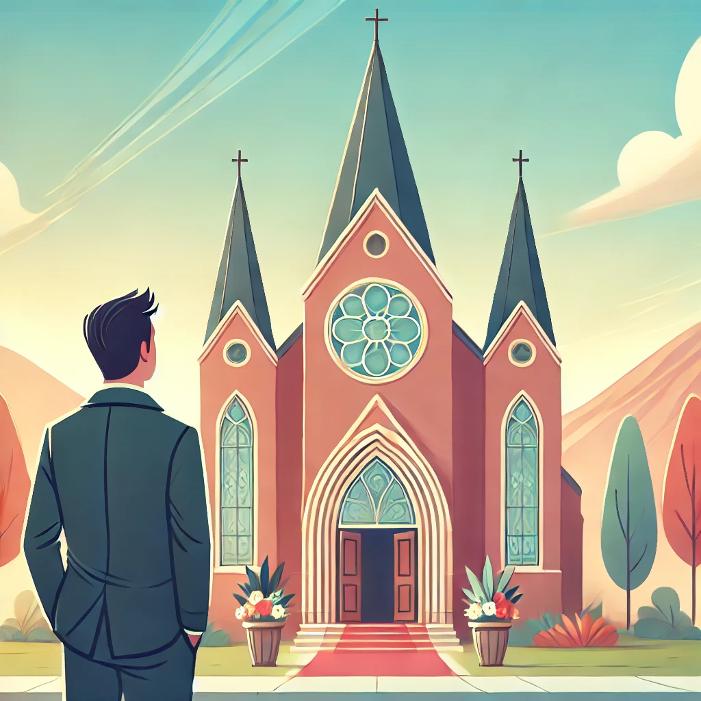 A hopeful individual standing outside a grand church, gazing up at its tall steeples and stained glass windows, symbolizing the journey of finding a church to serve or belong to.