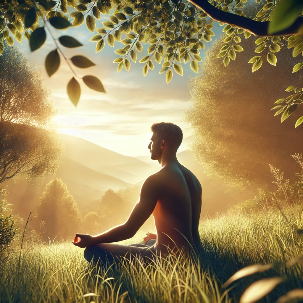 A person sitting cross-legged in a peaceful natural setting, eyes closed, bathed in soft sunlight, surrounded by trees, mountains, and a gentle breeze.