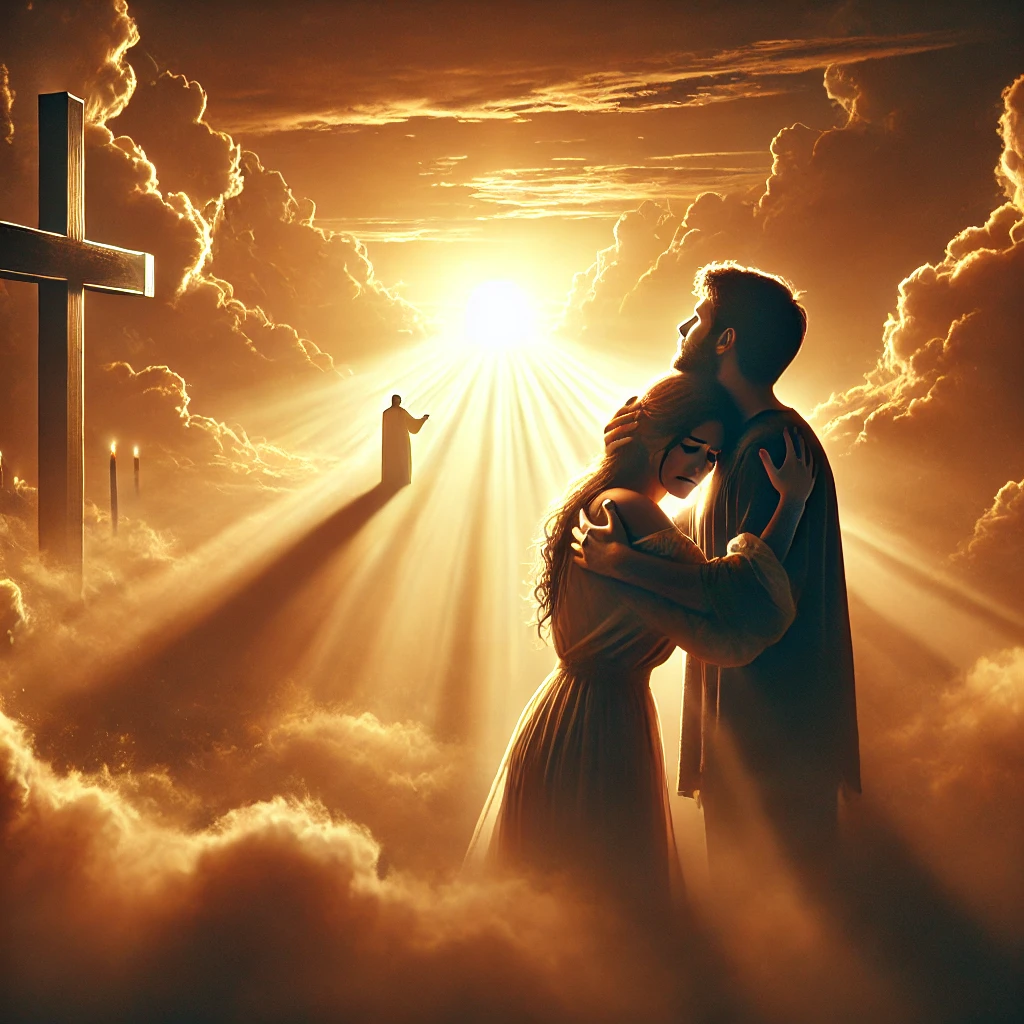 Two people embracing in a moment of forgiveness, bathed in golden light, with a sunrise and a cross in the background symbolizing grace and redemption.