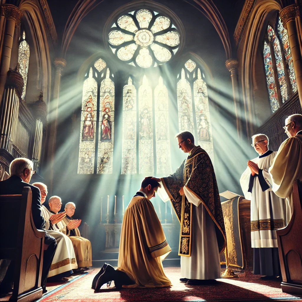 A solemn ordination ceremony inside a grand church, where a pastor in ceremonial robes lays hands on a kneeling candidate, surrounded by elders and a congregation. Sunlight streams through stained glass windows, highlighting the sacred moment.