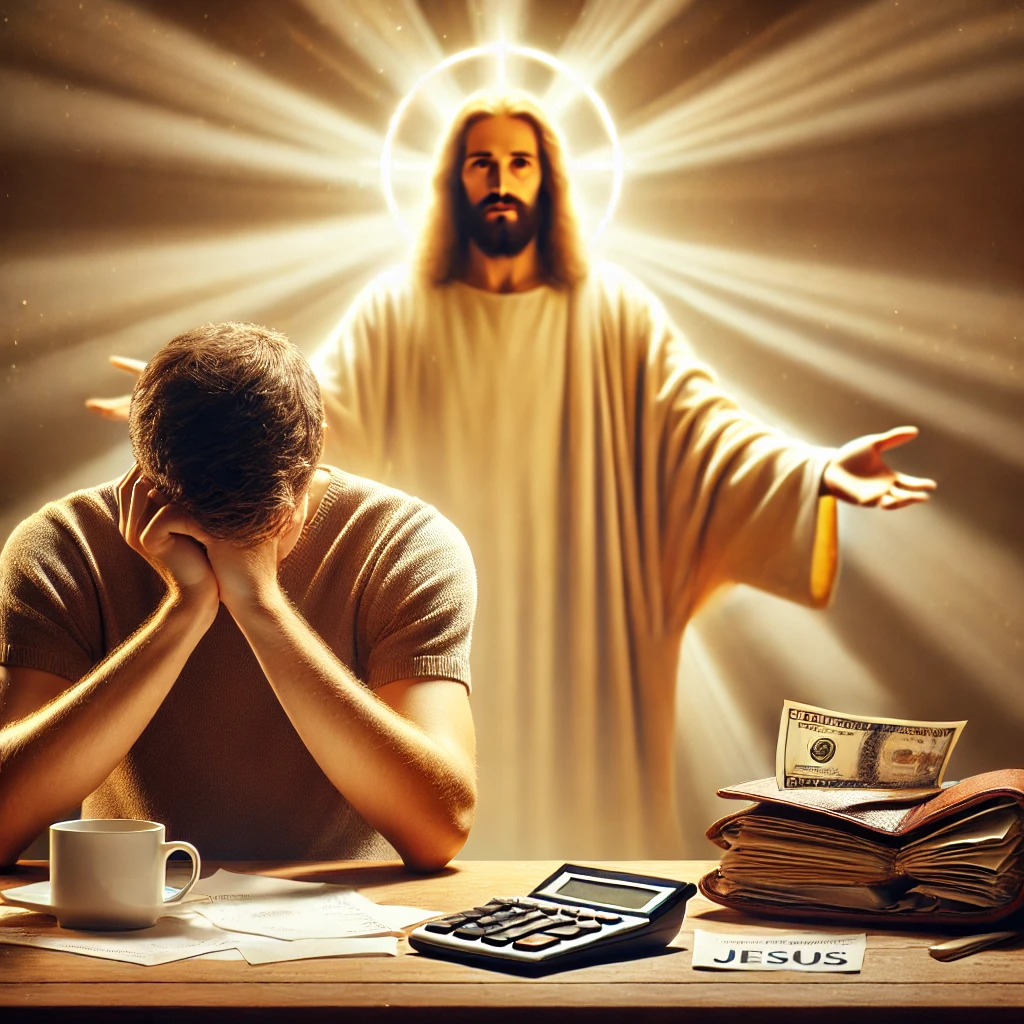 A worried person sits at a table with unpaid bills and an empty wallet. Behind them, a divine, glowing presence of God and Jesus offers comfort and guidance. Light shines down, symbolizing hope and faith in times of financial hardship.