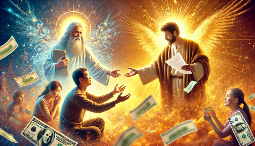 A radiant, divine figure representing God stands beside Jesus, both reaching out with compassionate expressions to individuals burdened with financial struggles. The people, holding bills and papers, appear weary yet hopeful as they receive divine support. The background features a warm, heavenly glow with rays of light symbolizing hope and relief.