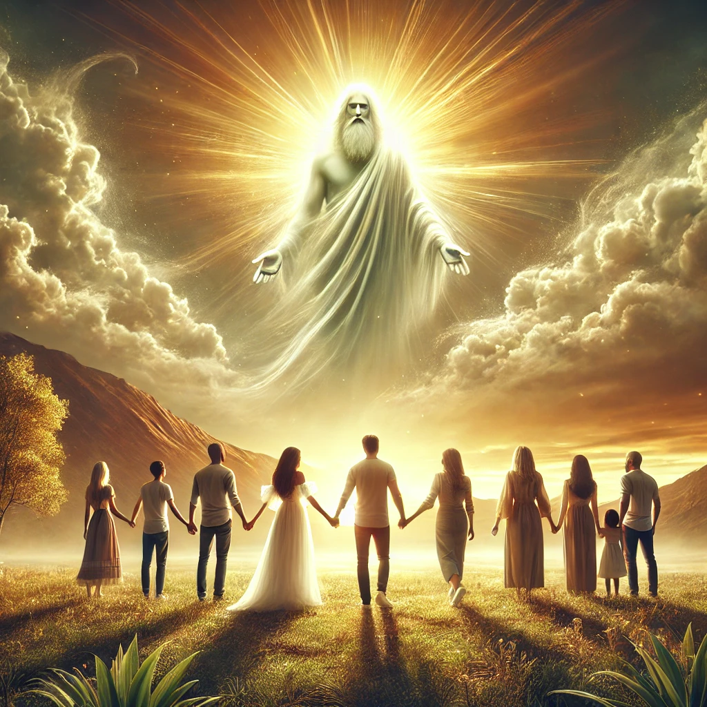 A diverse couple stands hand in hand at the center of a serene landscape at sunrise, surrounded by family and friends. Glowing golden light radiates from the sky, symbolizing divine presence. A subtle, ethereal figure representing God is outlined in the clouds above, watching over them with warmth and love.