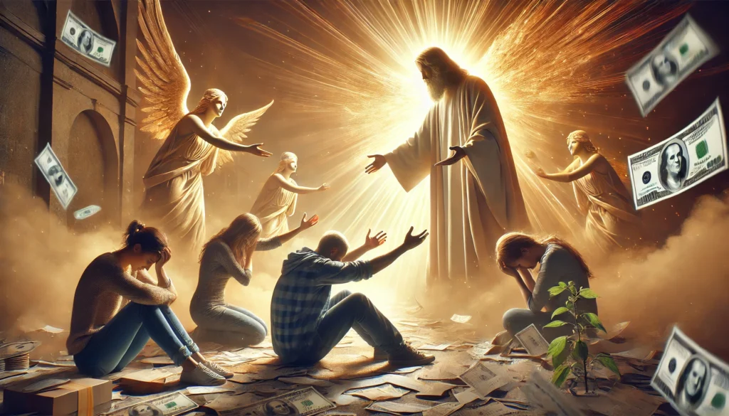 A radiant, divine figure surrounded by warm, heavenly light reaches out to support weary individuals burdened with financial stress. The people hold bills and documents, their faces showing both exhaustion and hope as they receive divine assistance.