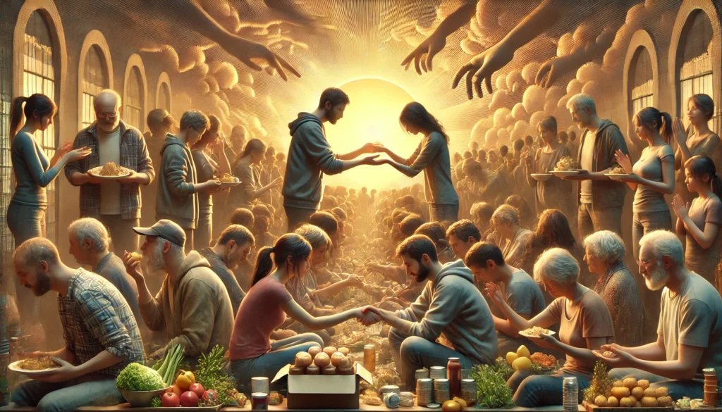 A diverse group of people gathered together, offering support during financial hardship. Some are sharing food, others providing advice, and a few comforting each other with hugs and hand-holding. The background has a warm, hopeful glow symbolizing unity and resilience.