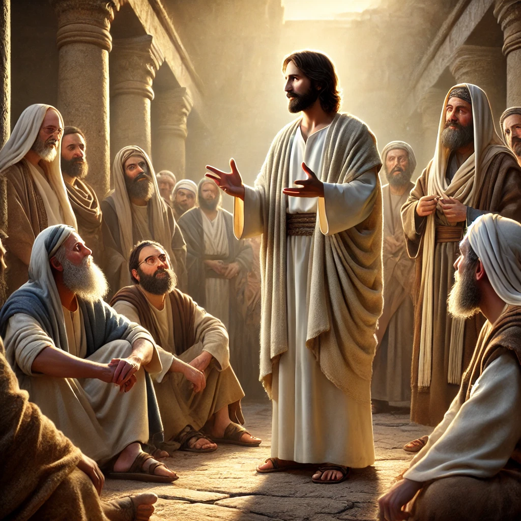  Jesus stands in the center of an ancient temple courtyard, dressed in a flowing robe, with a calm yet determined expression. Surrounding Him are Pharisees and scholars, gesturing and debating with intense expressions as warm sunlight casts soft shadows over the scene.