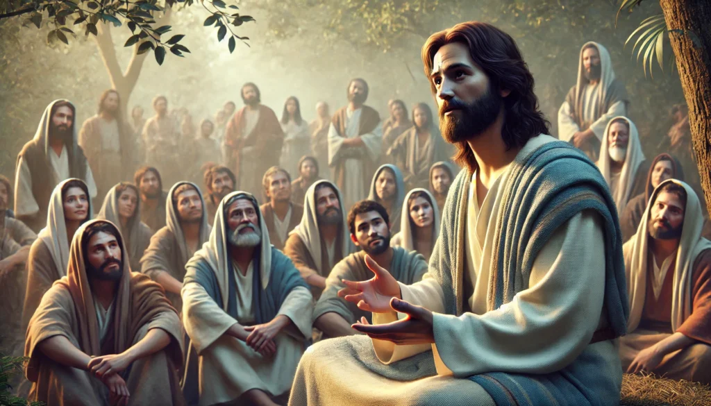 Jesus, dressed in traditional robes, stands slightly elevated, teaching a diverse group of attentive listeners seated around Him in an outdoor setting with trees and soft sunlight. His hands are gently gesturing as He speaks, radiating calmness and wisdom.