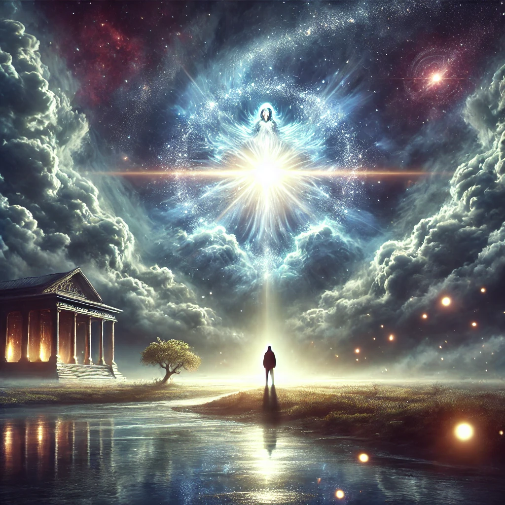 A surreal scene with divine light piercing through dark clouds, illuminating a lone figure surrounded by mystical energy, evoking the question, "Are miracles true?"