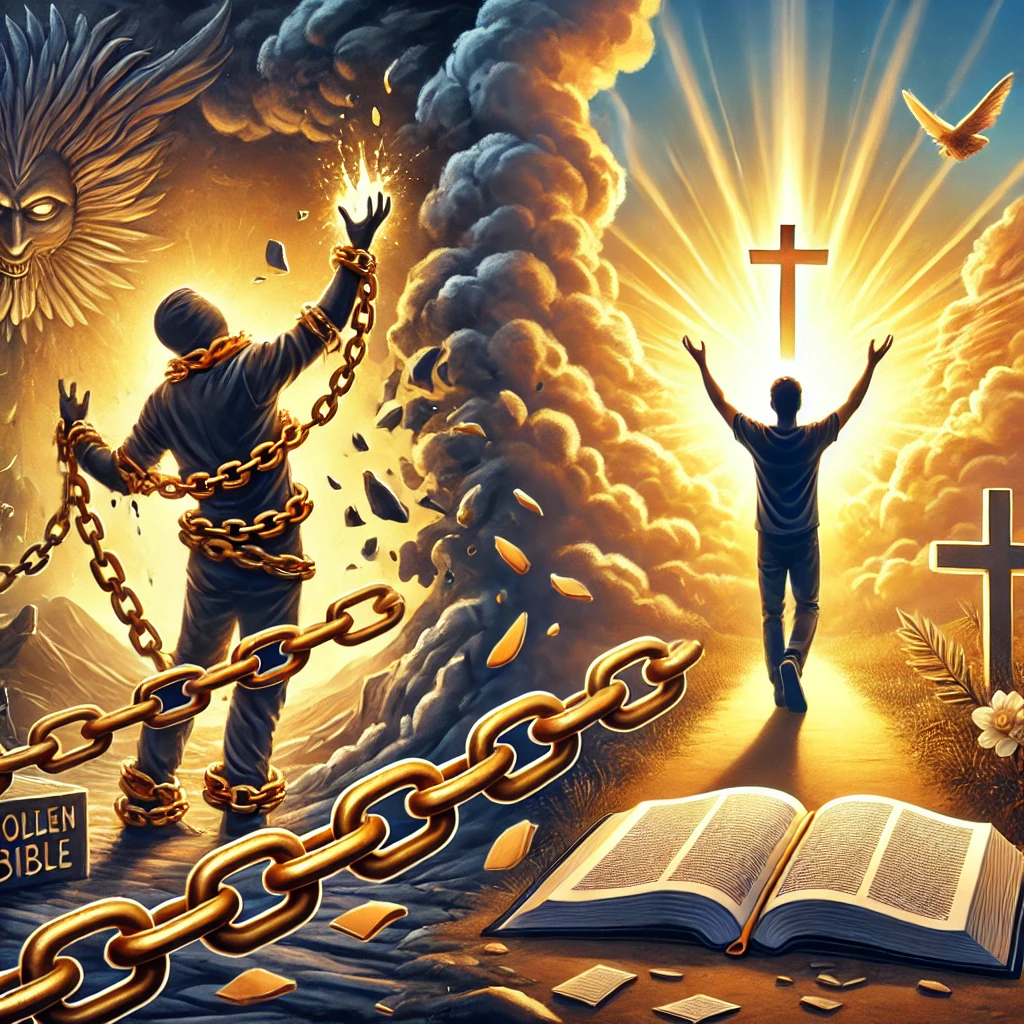 A 4K illustration of a person breaking free from golden chains tied to an idol, turning towards a glowing cross and an open Bible, surrounded by divine light.