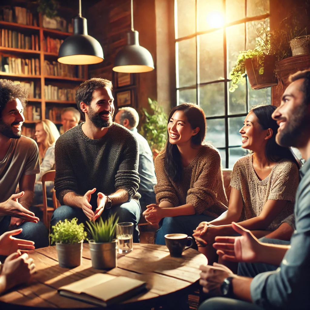 A diverse group of people sitting around a cozy café table, smiling and engaging in lively conversation. The setting is warm and inviting, with soft lighting, bookshelves, plants, and natural light streaming through a window.