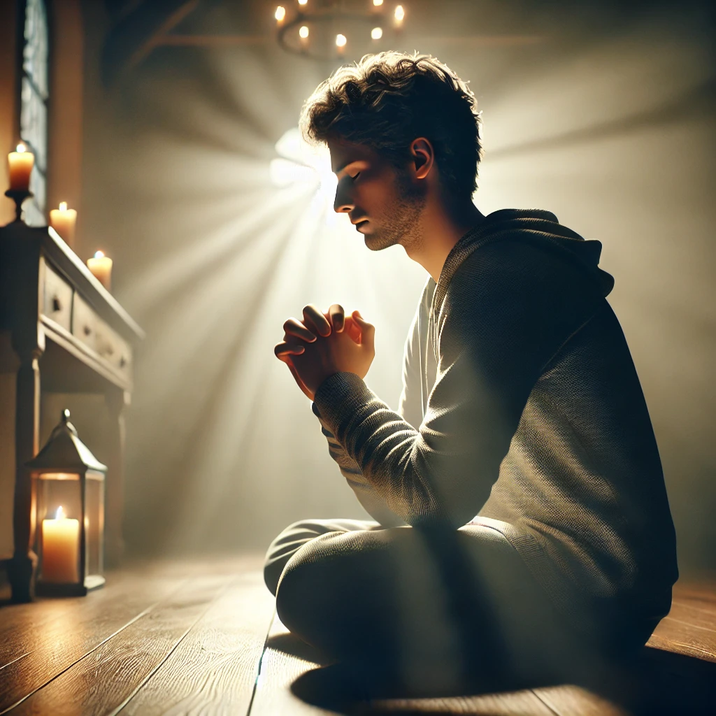 A person kneeling in prayer with hands clasped, eyes closed, and a peaceful expression, illuminated by soft light in a dimly lit room with flickering candles.