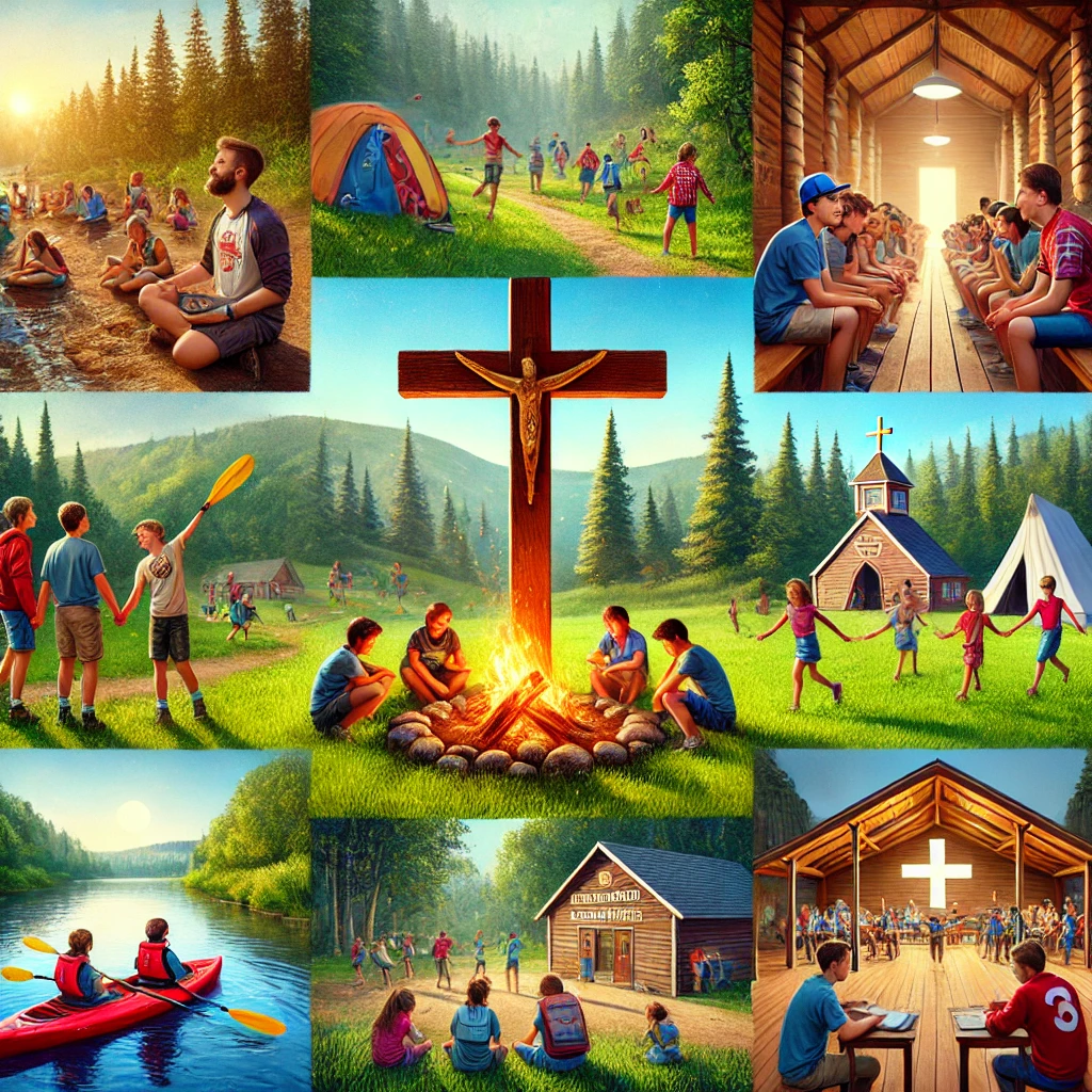 A scenic Christian camp with campers worshiping by a bonfire, playing games, kayaking, and studying the Bible, surrounded by forests, a chapel, and a wooden cross.