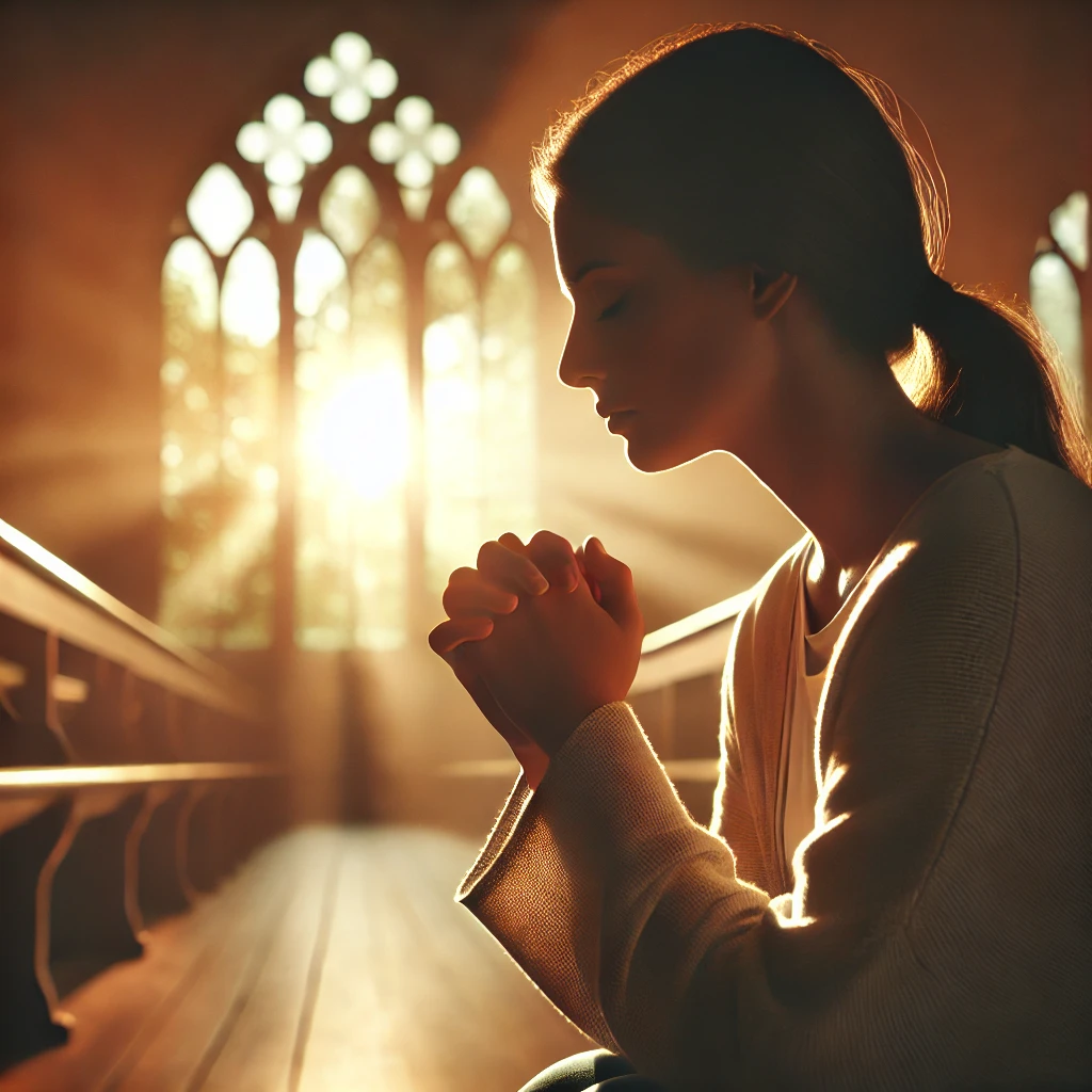  A person kneeling in prayer with hands clasped together and eyes closed, bathed in soft, warm light. The background features a peaceful church interior with stained glass windows or a natural sunrise, symbolizing faith and spiritual connection.