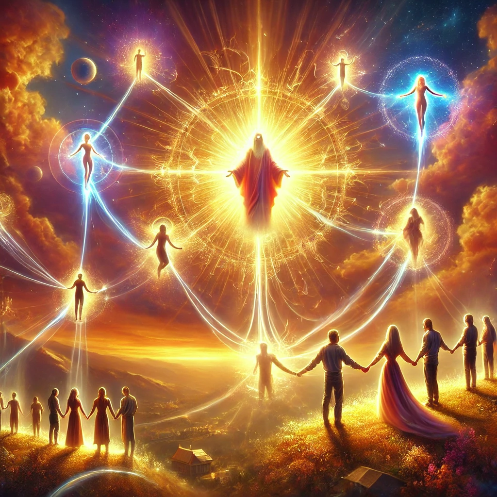 A radiant divine presence in the sky emits golden light, illuminating figures below who are connected by glowing threads representing love, faith, and trust. The background features a celestial landscape with soft clouds and a warm sunset.