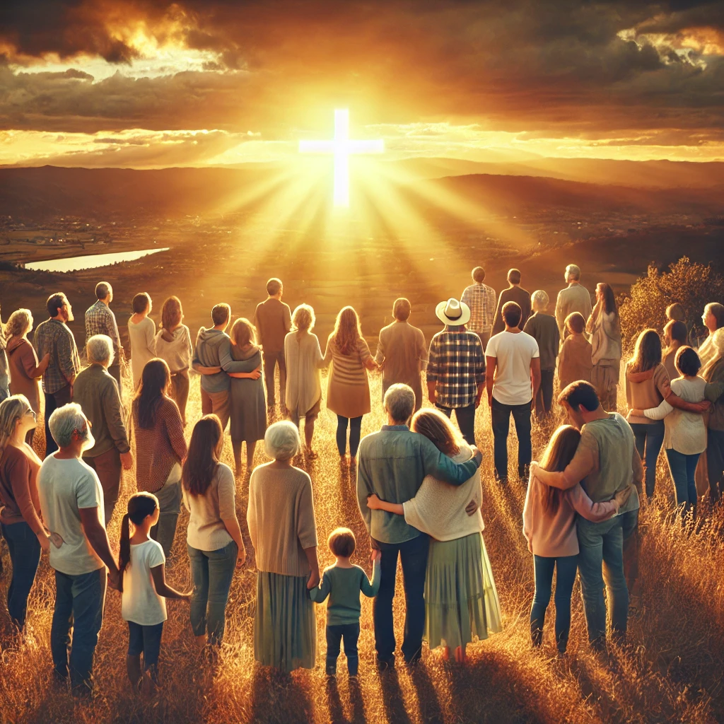 A diverse group of people, including families, friends, and couples, stand together in a peaceful natural setting, bathed in golden light from the sky, symbolizing God’s presence and love.