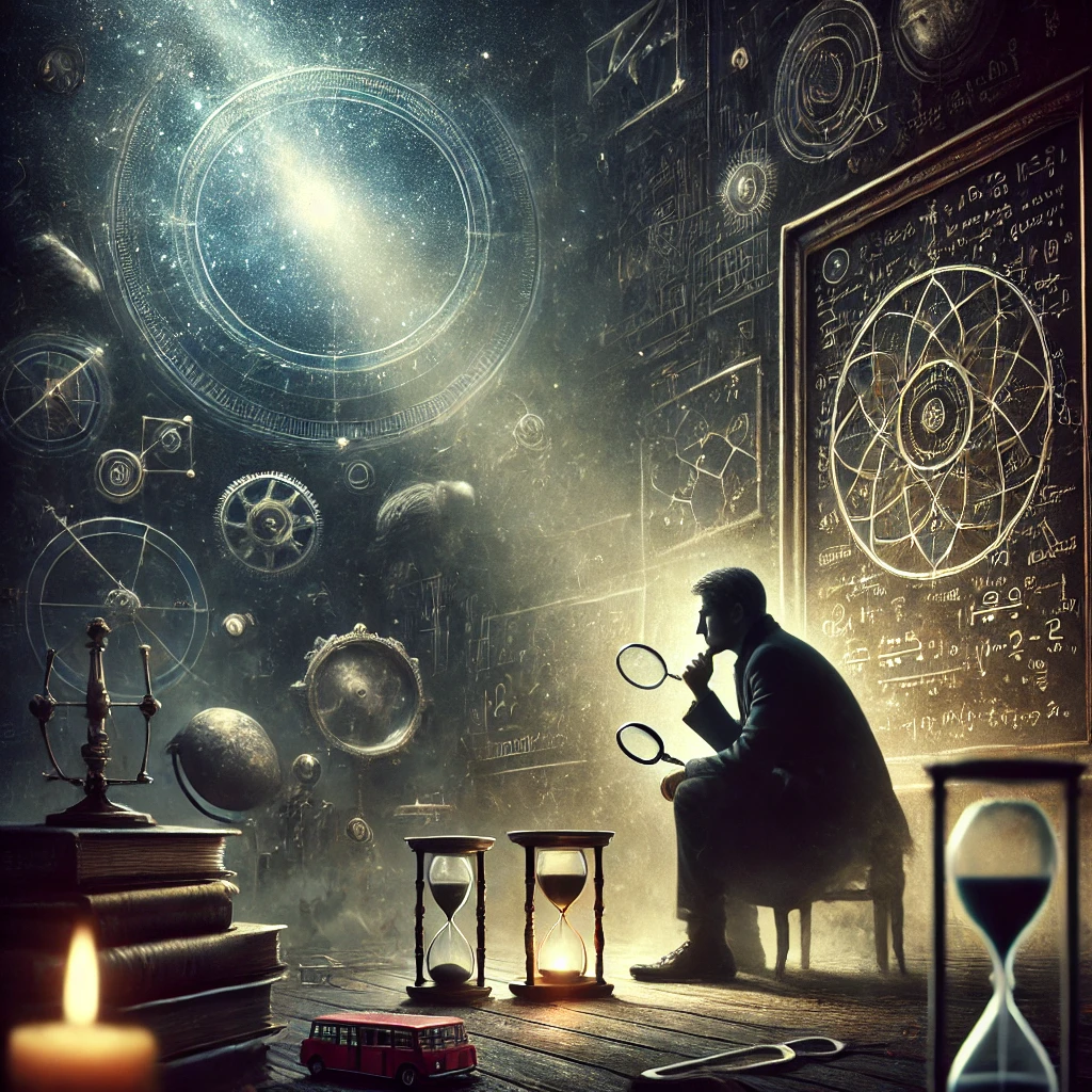 A lone figure sits in deep contemplation, surrounded by symbols of science and philosophy, with a celestial glow on one side and logical reasoning on the other, representing scepticism.