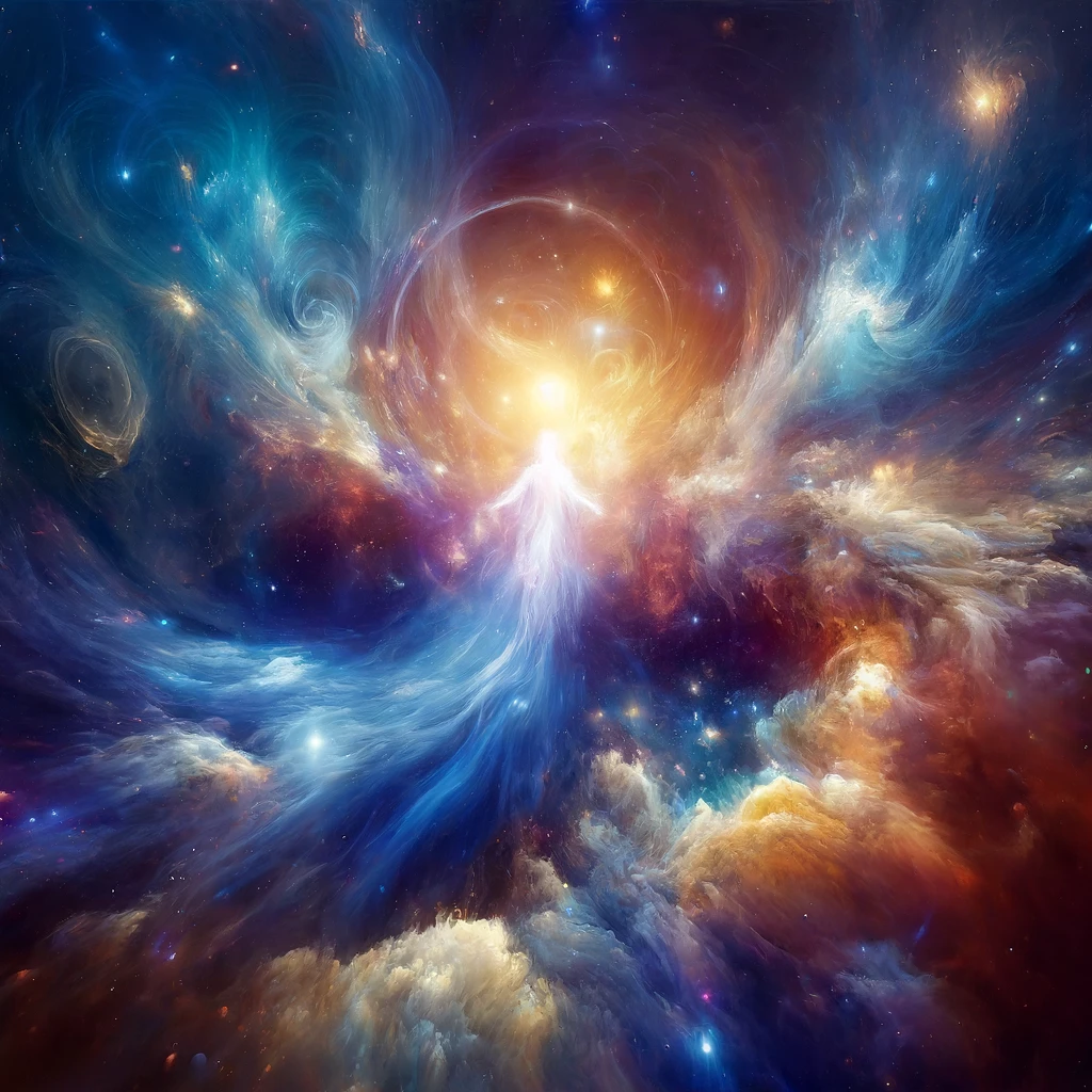 A stunning abstract depiction of the connection between space and the divine, featuring swirling galaxies, radiant celestial light, and an ethereal luminous presence symbolizing God.