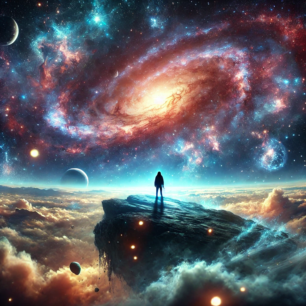  A vast cosmic scene filled with vibrant nebulae, twinkling stars, and swirling cosmic dust. In the foreground, a silhouette of a person stands on a floating rock, gazing at the endless expanse of space, symbolizing infinite possibilities and exploration.