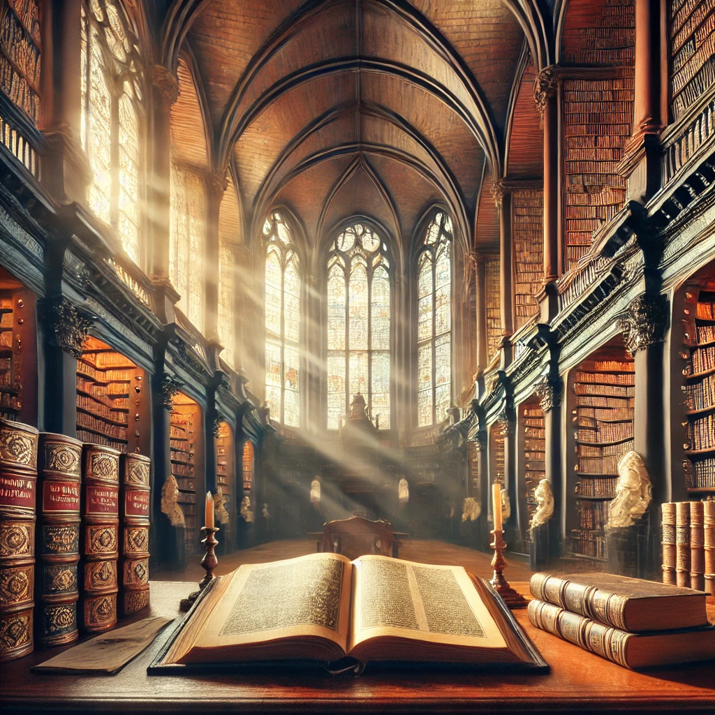 A majestic ancient library with towering bookshelves filled with biblical and theological books. Sunlight streams through stained glass windows, illuminating a grand wooden desk with an open Bible and scrolls, symbolizing wisdom and faith.