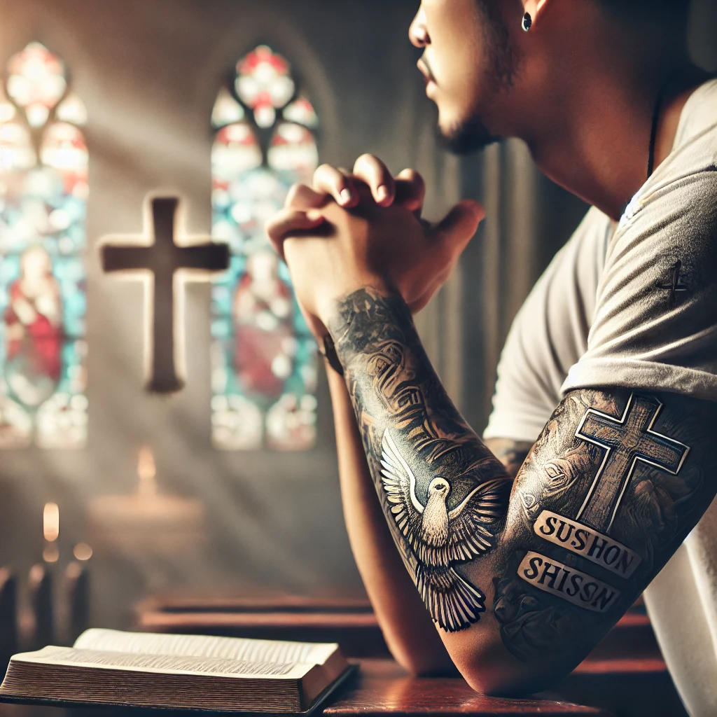 A person with Christian-themed tattoos, including a cross, a dove, and scripture verses, sits in a church, illuminated by light filtering through stained glass windows. The scene reflects a peaceful and spiritual atmosphere, symbolizing faith and personal expression through body art.