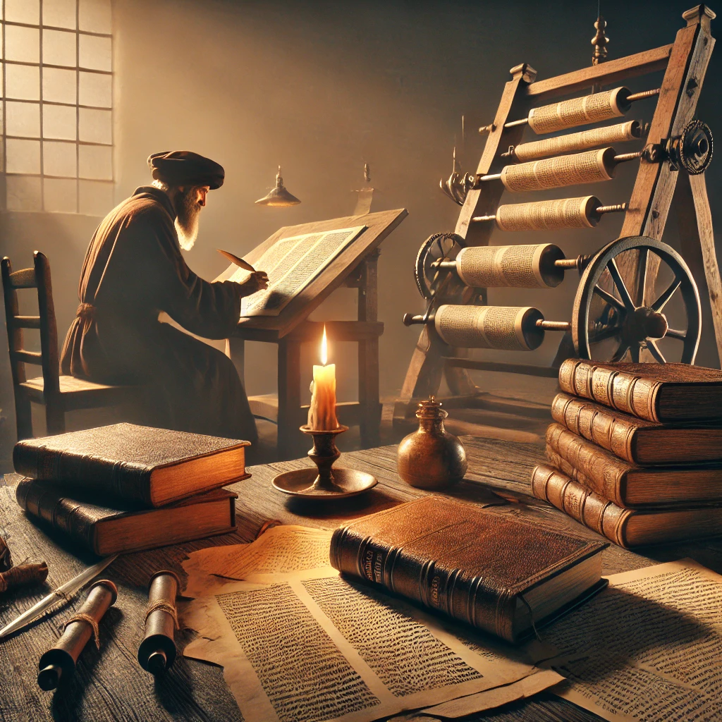 A historical depiction of the Bible's transmission and translation, featuring an ancient scribe copying text onto parchment, a Gutenberg-style printing press producing pages, and a stack of leather-bound Bibles in different languages, illuminated by candlelight.